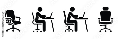Black and white icons of office chairs and people working on laptops at desks, representing remote work, workplace setup, and productivity