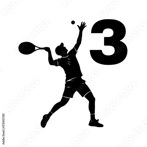 A sharp, minimalist black and white vector icon featuring the dynamic silhouette of a tennis player in a powerful serve or swing position. Prominently placed in the upper corner is the number 3