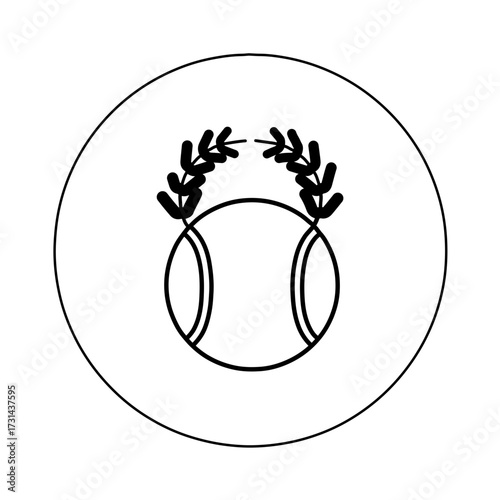An elegant and minimalist black and white vector icon featuring an iconic tennis ball crowned with a sophisticated laurel wreath or circling foliage. This emblem symbolizes victory, championship