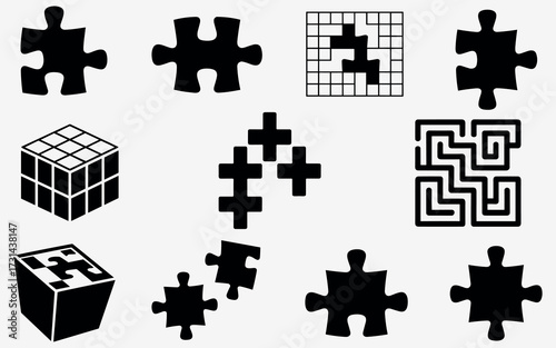 Collection of silhouette puzzle pieces and cubes representing logic challenges and problem solving concepts