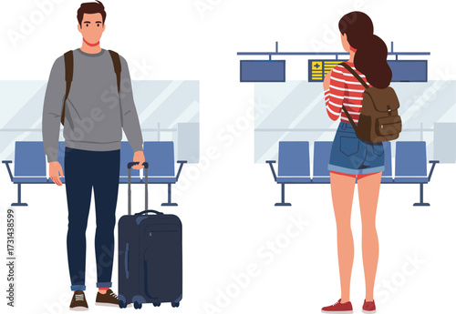 airport waiting area, travel couple, luggage, backpack, flight information, terminal chairs, journey, striped shirt, denim shorts, rolling suitcase, digital board, travel scene