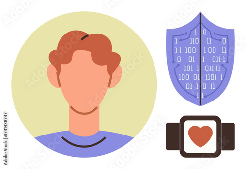 Human avatar alongside a data shield with binary coding and a smartwatch displaying a heart. Ideal for health tracking, cybersecurity, personal data, technology, wellbeing, innovation, simple flat