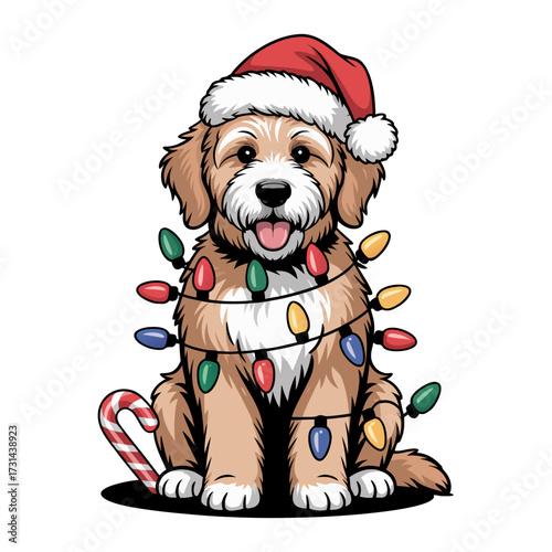 Illustration of cute fluffy puppy wearing a santa hat and tangled in colorful christmas lights, with a candy cane