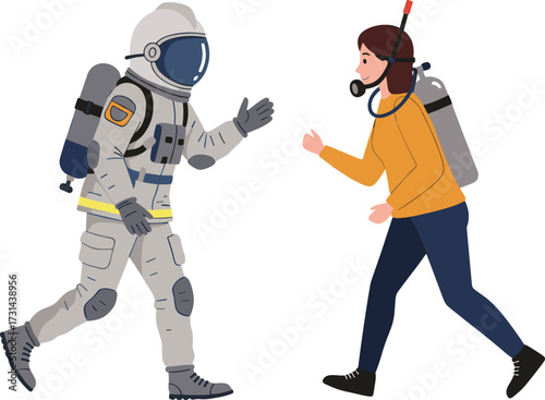 Astronaut meets scuba diver, space exploration, underwater adventure, mixed environments, space suit, diving gear, friendly encounter, illustration, astronaut, diver