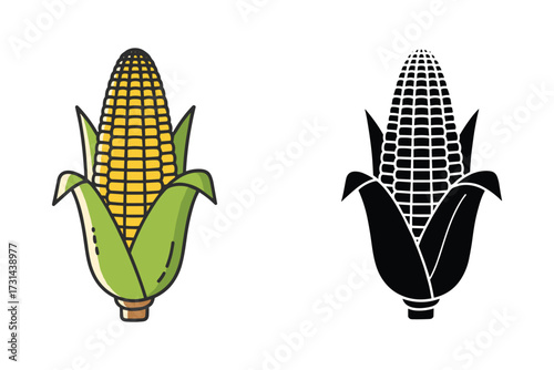Corn Cob Vector Illustration, Color and Black Silhouette, isolated on white