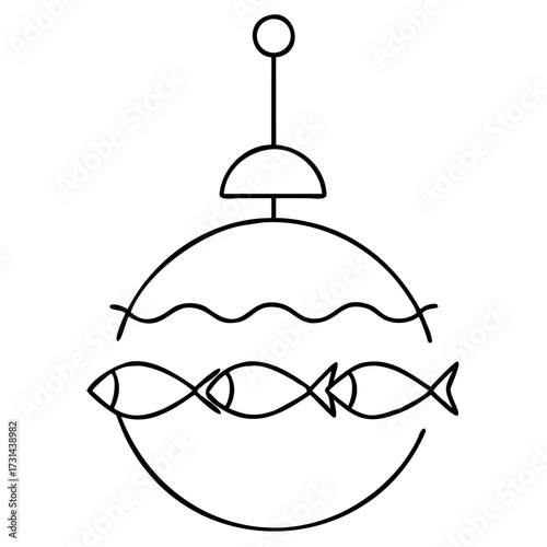 3d icon of a whimsical illustration of a fishbowl ornament with three fish swimming inside, suspended by a string, creating a charming holiday decoration