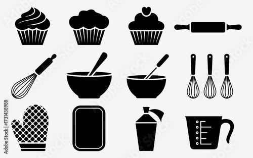Baking utensils and cupcakes collection for culinary enthusiasts food preparation tools and sweet treat icons