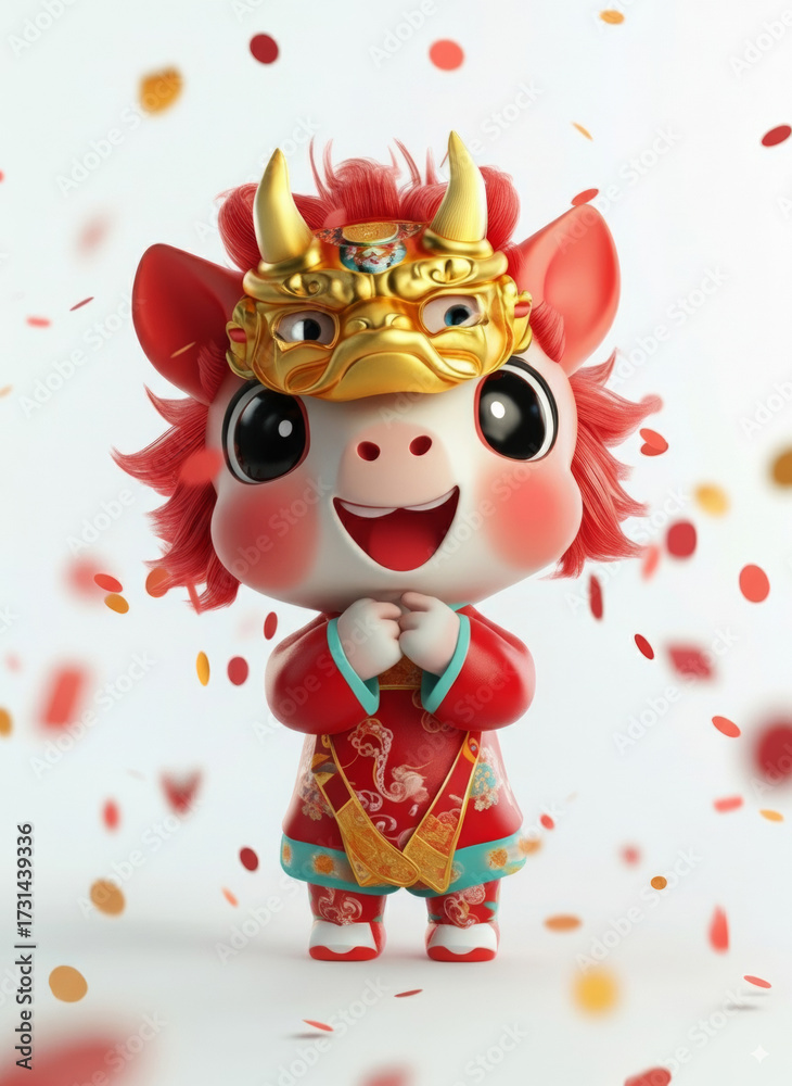 Fototapeta premium Cheerful Red Chinese Zodiac horse with a Crown and a Chinese Knot