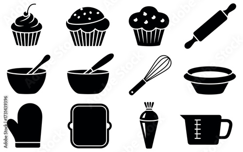 Baking utensils and sweet treats collection for kitchen delights and culinary creativity icons