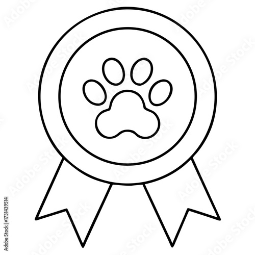 Illustration of a pet award badge, featuring a paw print inside a circular frame with ribbons hanging below it