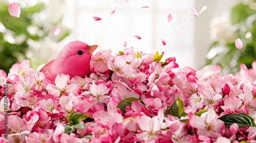 An enchanting moment of a couple kissing amidst a shower of cherry blossom petals, symbolizing the beauty of love during springtime. The vibrant backdrop of blossoms and lush greenery sets a serene