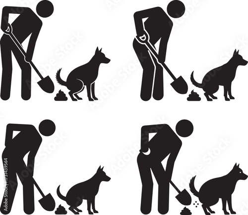 Man and dog cleaning up poop silhouette