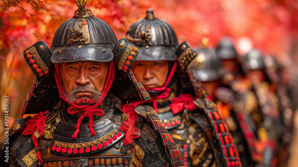 Obraz premium Samurai in Black Traditional Armor with Red Accents Participating in Hakone Daimyo Gyoretsu Festival Parade in Japan
