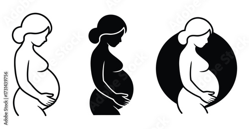 Stylized silhouettes of pregnant women in profile view with varied fill styles, symbolizing motherhood, maternal care, and prenatal themes