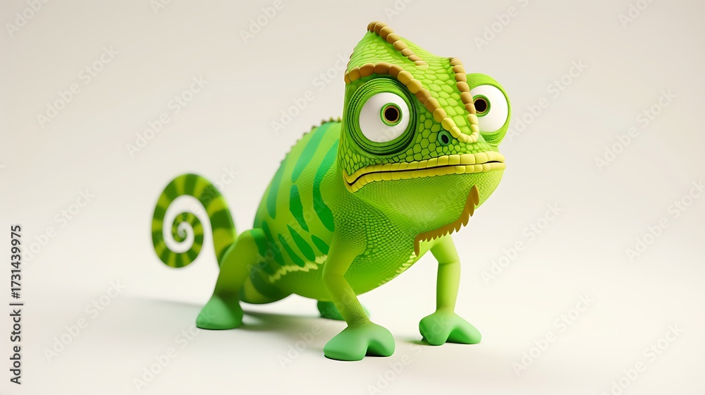 Obraz premium Cute Lime Green Chameleon Character in a Simple Flat Design