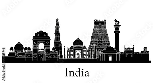 Silhouette of famous Indian landmarks including the India Gate, Qutub Minar, Taj Mahal, and a temple, set against a white background.
