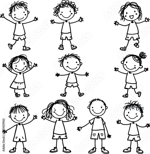A collection of stick figure children standing with their arms raised and smiling cheerfully together silhouette