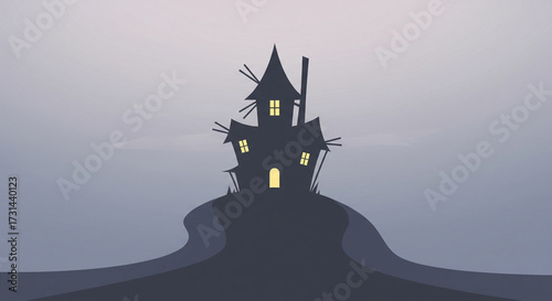 Spooky haunted house silhouette on a hill with glowing windows against a grey sky, cartoon Halloween art.