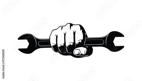 Hand Holding Wrench in Black and White Vector Illustration