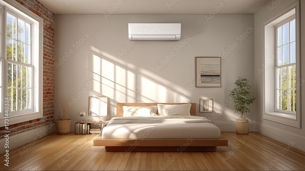 Fototapeta premium Serene Modern Bedroom Design Featuring Fresh Natural Light and Minimalist Aesthetic with Air Conditioning Unit