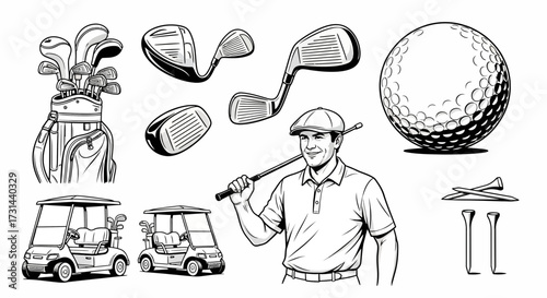 Black and white illustration featuring a golfer with clubs, golf bag, golf ball, tees, and golf carts.