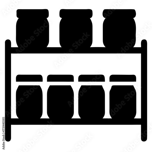 3d icon of organized storage of jars on a shelf, a neat and tidy display of preserved goods, showcasing order and abundance in a pantry setting
