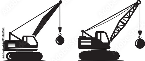 Two wrecking ball crane silhouettes silhouette