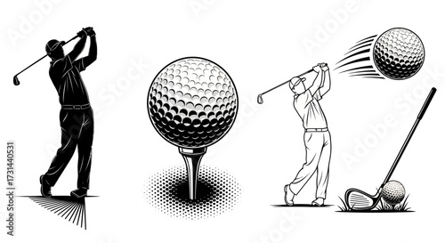 Vector illustration showing a golfer swinging, a golf ball on a tee, and a golf ball being hit with a club.