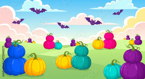 Vibrant cartoon Halloween scene with colorful stacked pumpkins, flying bats, and fluffy clouds in a whimsical autumn landscape