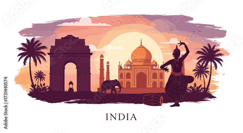 Silhouette illustration of India featuring the India Gate, elephant, Taj Mahal, and a dancer against a sunset background.