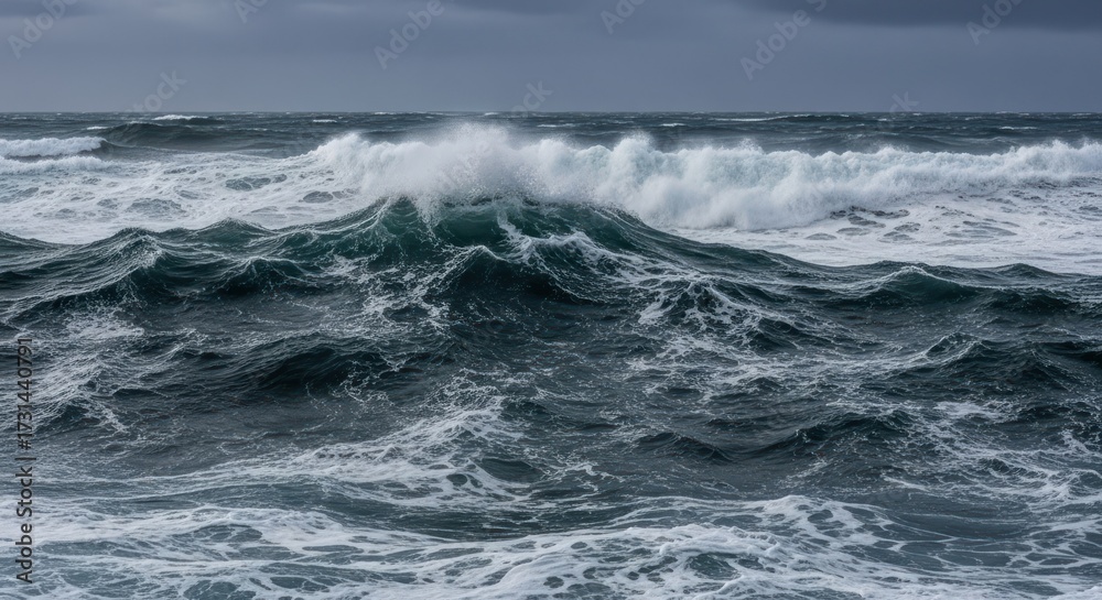 Fototapeta premium Crashing waves under an overcast sky, turbulent ocean seascape view