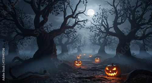 Eerie Halloween night with glowing jackolanterns lining a path through a haunted forest under a bright full moon and fog.