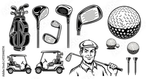 A monochrome illustration featuring golf equipment: clubs in a bag, various golf clubs, golf balls, tees, a golf cart, and a golfer.