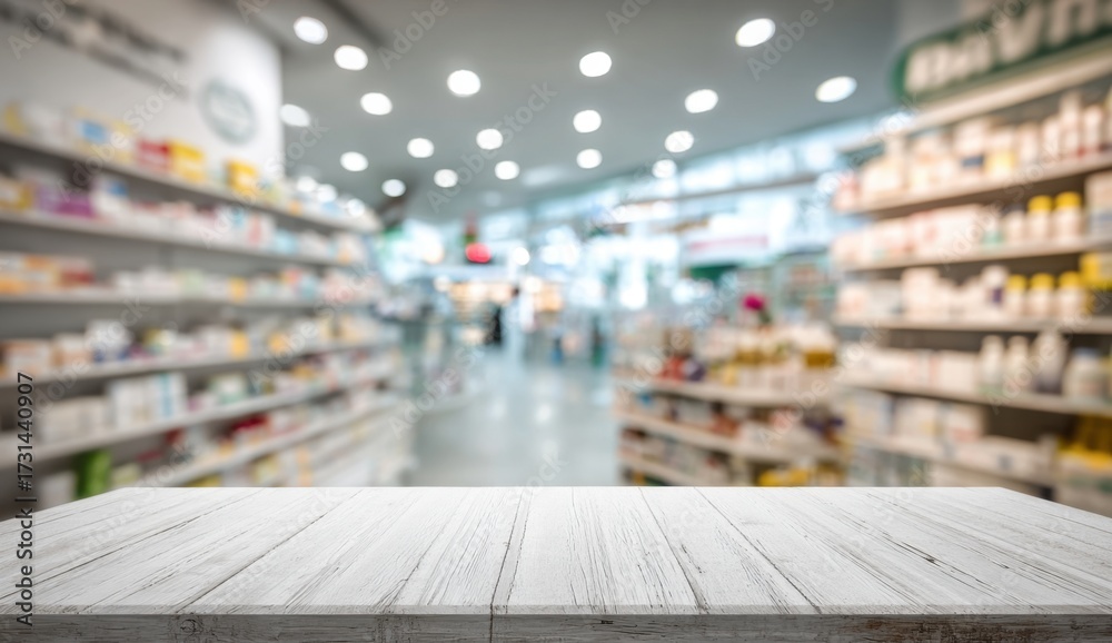 Obraz premium Empty wooden table in front of blurred pharmacy shelves with various products in store