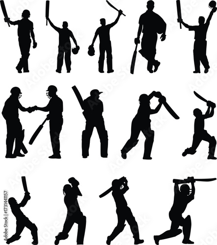 cricket batsman bowler silhouettes elements.