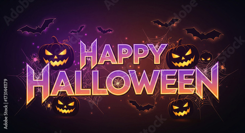 Happy Halloween celebration banner with glowing jack-o-lanterns, flying bats, and spooky purple orange gradient.