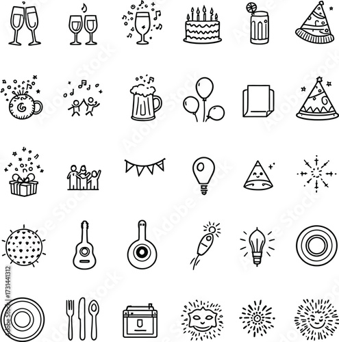 Collection of various party themed line art icons arranged in a grid pattern on white background silhouette
