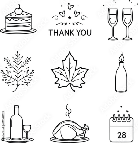 A collection of thanksgiving themed line art icons including food and foliage in a grid layout silhouette