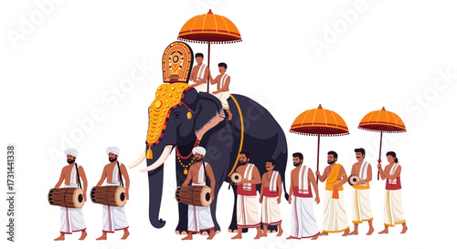 Procession featuring a decorated elephant carrying people under an umbrella, accompanied by musicians playing drums, in a cultural parade.