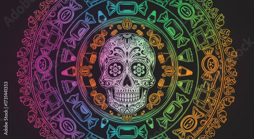 Vibrant Rainbow Sugar Skull Mandala Art. Intricate Day of the Dead Calavera Design with Colorful Candy and Geometric Patterns.