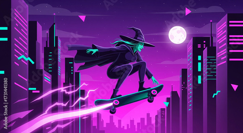 Dynamic cyberpunk witch on a glowing skateboard flying over a vibrant neon purple city at night under a bright full moon. Synthwave digital art.