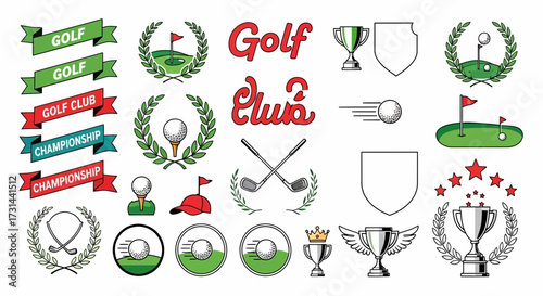 Collection of golf-related vector graphics featuring banners, laurels, trophies, golf balls, flags, and golf clubs, suitable for logo design or promotional materials.