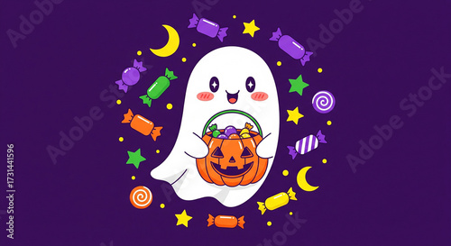 Cute kawaii ghost with pumpkin candy basket stars and moon on a festive dark purple Halloween background