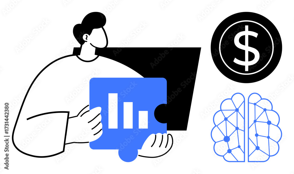 custom made wallpaper toronto digitalPerson holding graph puzzle piece, desktop, dollar icon, and neural network. Ideal for data analysis, finance, AI, business strategy problem-solving innovation and decision-making. Clean flat
