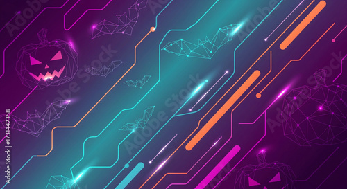 Futuristic Halloween Digital Background with Neon Circuit Lines, Wireframe Jack-o-Lanterns and Bats, Cyber Spooky Tech Art