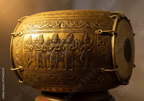 Ornate brass drum decorated with figures