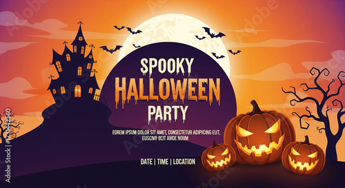 Vibrant Spooky Halloween Party Invitation Banner Design with Creepy Haunted House, Glowing Pumpkins, Bats, Full Moon