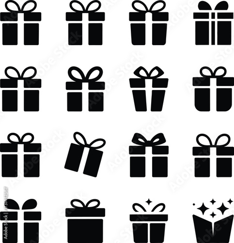 Collection of black gift box icons with bows in various styles on a white background vector image silhouette