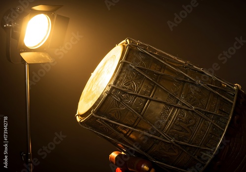 Ornate drum under spotlight