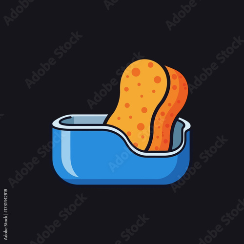 Two orange textured sponges are neatly placed inside a blue rectangular dish on a dark background, depicted in a clean, illustrative style.